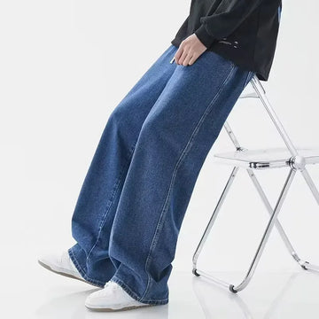 Saashi Men's Light Wash Drawstring Loose Straight Leg Floor-Length Trendy Wide Denim.