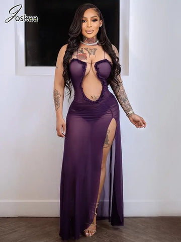 Saashi Spaghetti Strap Maxi Dress - Mesh See Through, High Split