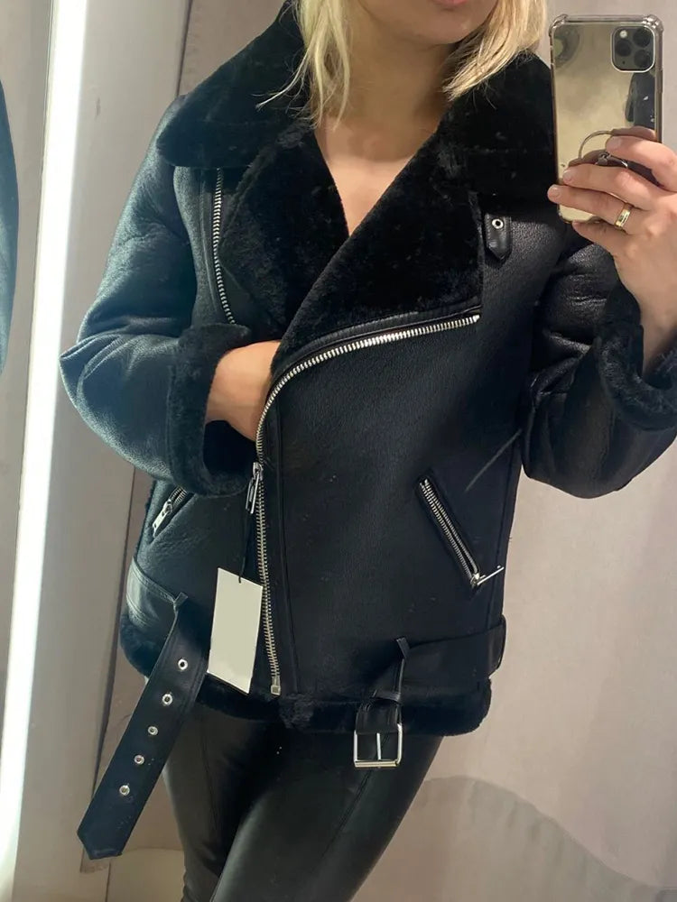 Saashi Aviator Outwear - Women's Faux Leather Fur Jacket, Winter Thickness"