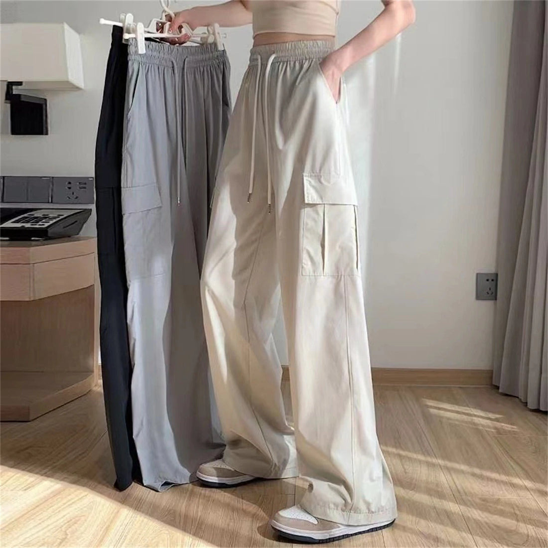 Saashi High Waist Baggy Cargo Pants for Women Wide Leg Vintage Elastic Streetwear Trousers