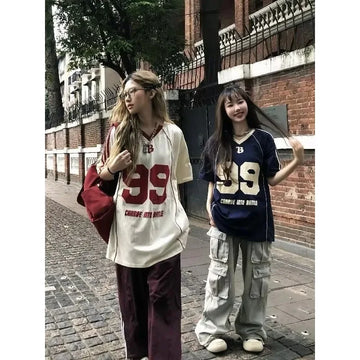 Saashi Retro Striped Oversized T-Shirt for Women Plus Size Letter Print Casual Y2K Streetwear
