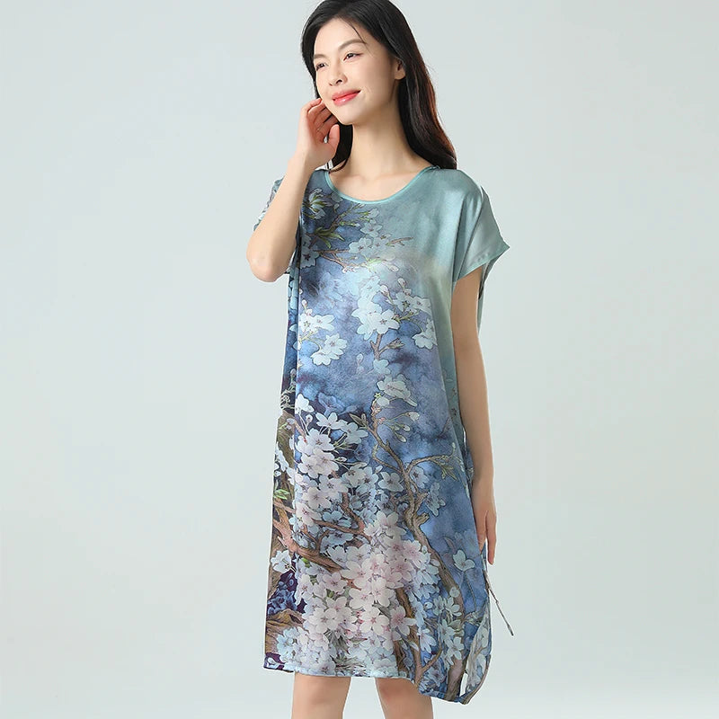Saashi Women's 19MM 100% Mulberry Silk Loose Plus Size Short Sleeve Nightwear.