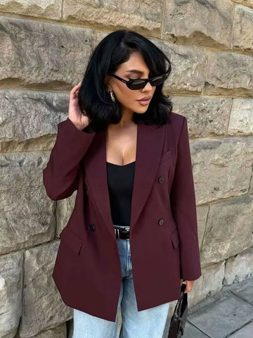 Saashi Women's Wine Red Vintage Double Breasted Broad Lapel Elegant Commuting Blazer.