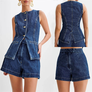 Saashi Summer Denim Shorts Two-Piece Set