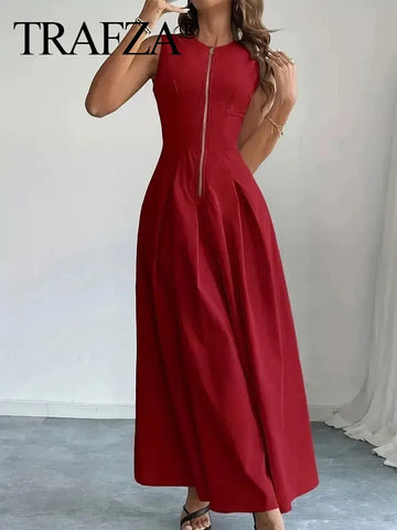 Saashi Sleeveless Midi Dress for Women with Pleated A-Line Design and Side Pockets