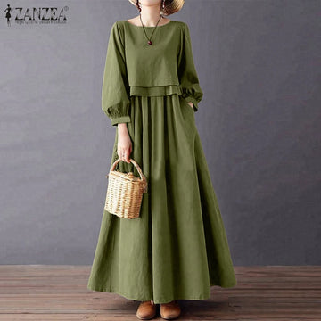 Saashi Women's Retro Boatneck Lantern Sleeve Solid Layered A-Line Maxi Dress