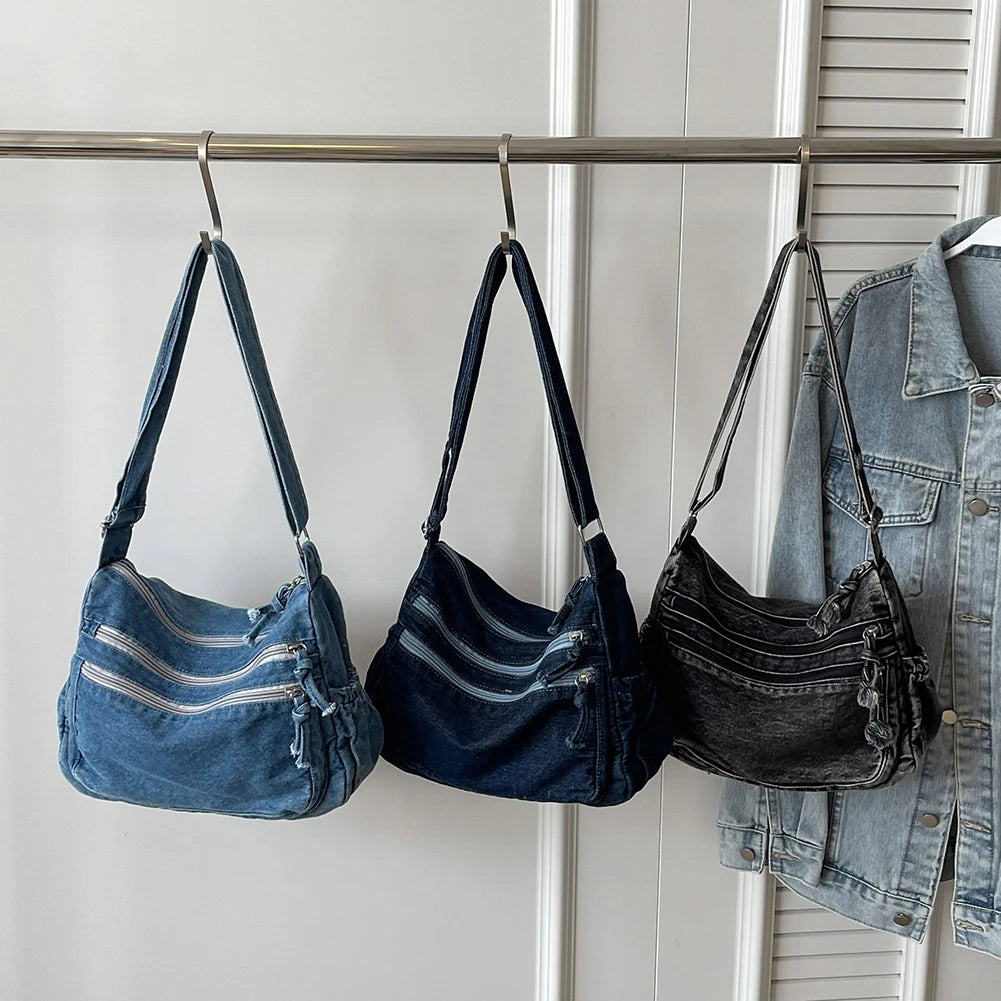 Saashi Women's Large Capacity Denim Vintage Messenger Adjustable Strap Daily Hobo Bag.