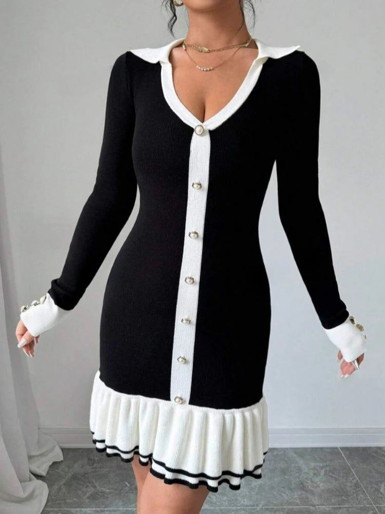 Saashi Elegant Knit Sweater Cardigan Dress with High Waist, Evening Party Wear