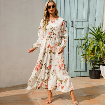 Saashi Women's Bohemian Full Sleeve High Waist Chiffon Floral Maxi Beach Dress
