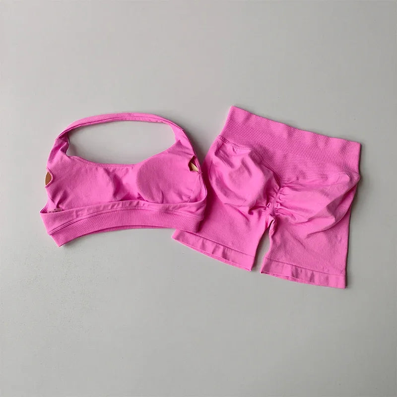 Saashi Sexy Halter Neck Beautiful Back High Waist Sports Bra Shorts Yoga Fitness Set