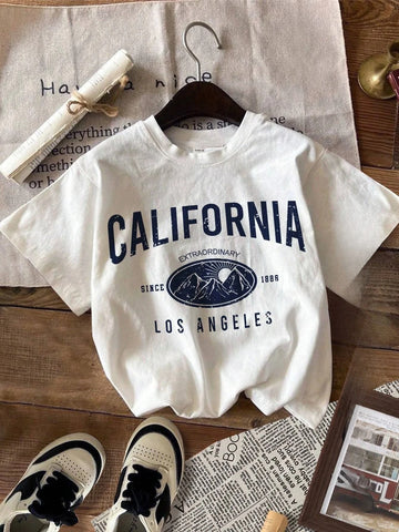 Saashi California Los Angeles Vintage O Neck T Shirt for Women Casual Streetwear Y2K Top