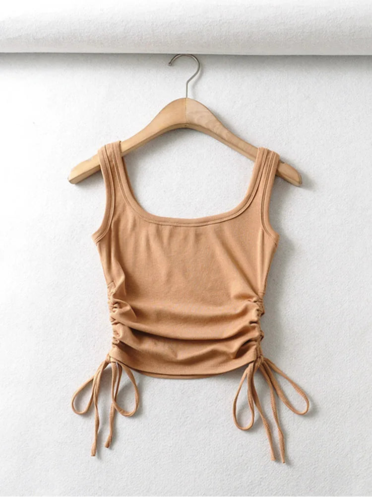 Saashi Casual Solid Color Two Side Drawstring Shirred Vest Sexy Tank Cami Top for Women