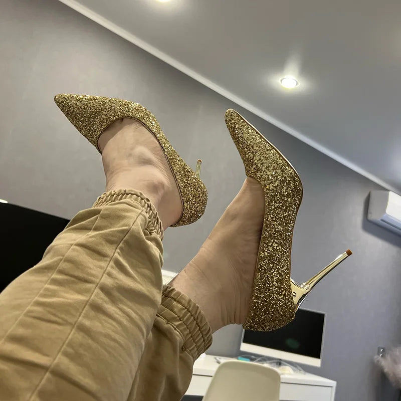Saashi Women's High Heels Wedding Bridal Sparkly Sequins Glitter Gold Silver Pumps.