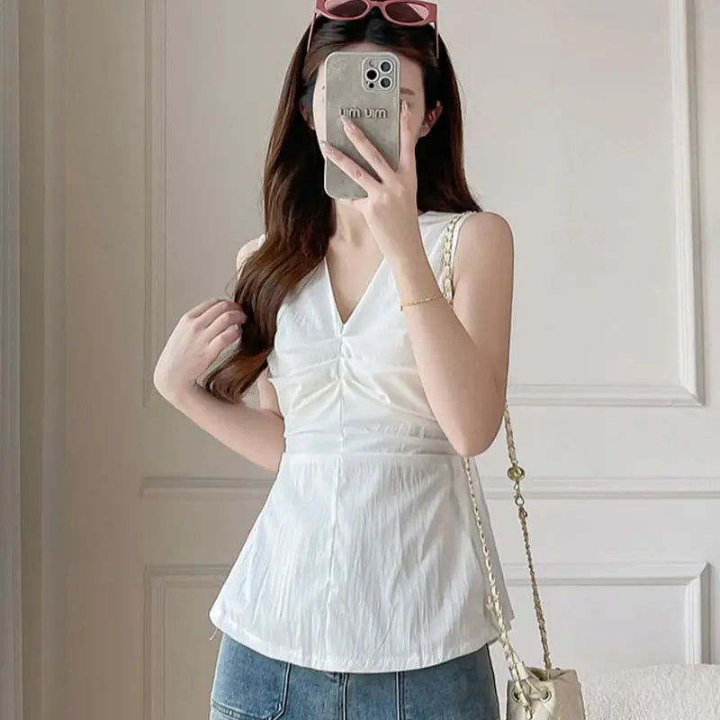 Saashi Solid Color V-Neck Tank Top for Women Sleeveless Casual Summer Fashion Blouse