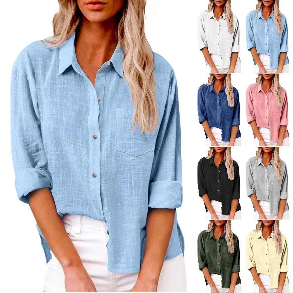 Saashi Cotton Linen Long Sleeve Shirt for Women Solid Color Casual Elegant Streetwear Top