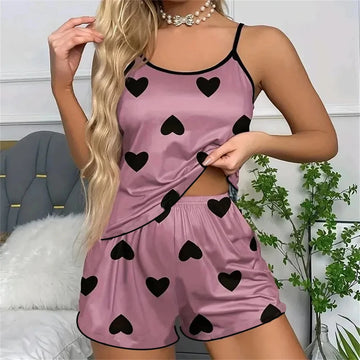 Saashi Ice Silk Heart Print Short Sleeve Pajamas