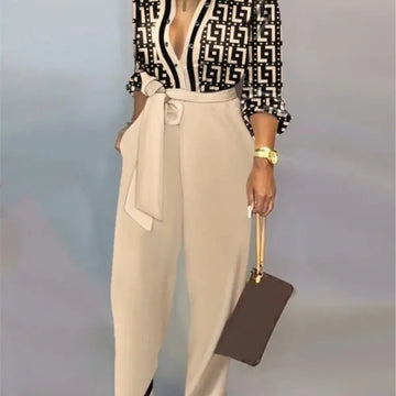Saashi Printed Long Sleeve Women's Jumpsuit Slim High Waist Elegant Office Pants