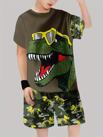 Saashi Boys Dinosaur Graffiti T-Shirt & Shorts Set – Casual Summer Streetwear Outfit for Kids