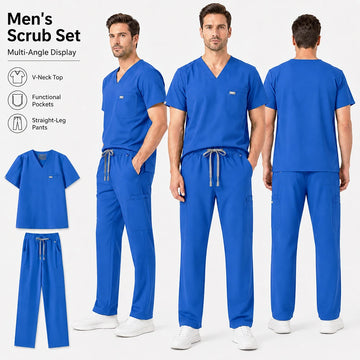 Saashi Labor Day Men’s Scrub Set – Short Sleeve V-Neck Medical Uniform with Stretch Pants