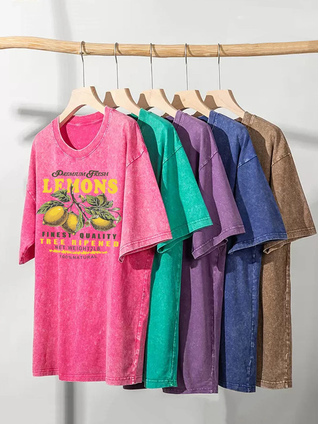 Saashi Premium Fresh Lemons Print Washed Cotton T Shirt Y2K Short Sleeve Loose Hip Hop Top