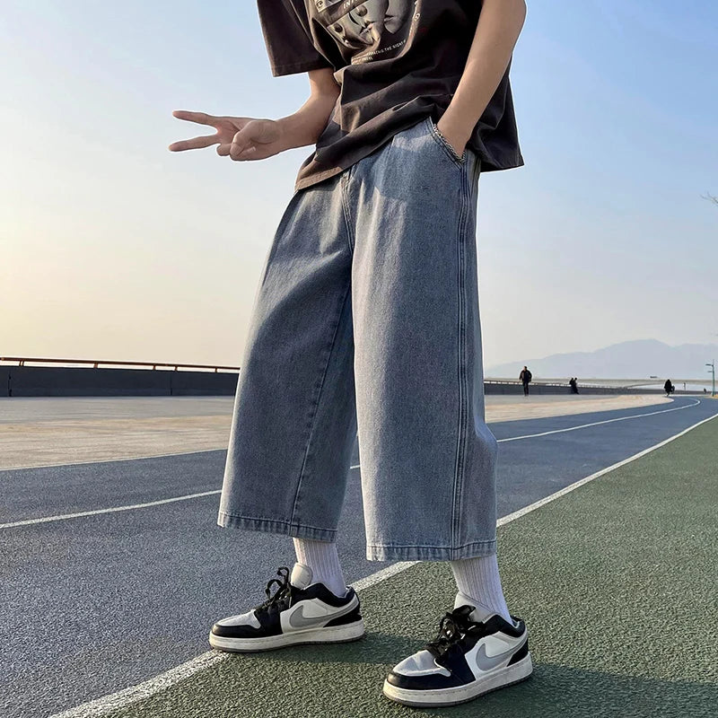 Saashi Men's Summer High Quality Cropped Jeans Loose Straight Leg Casual Denim.