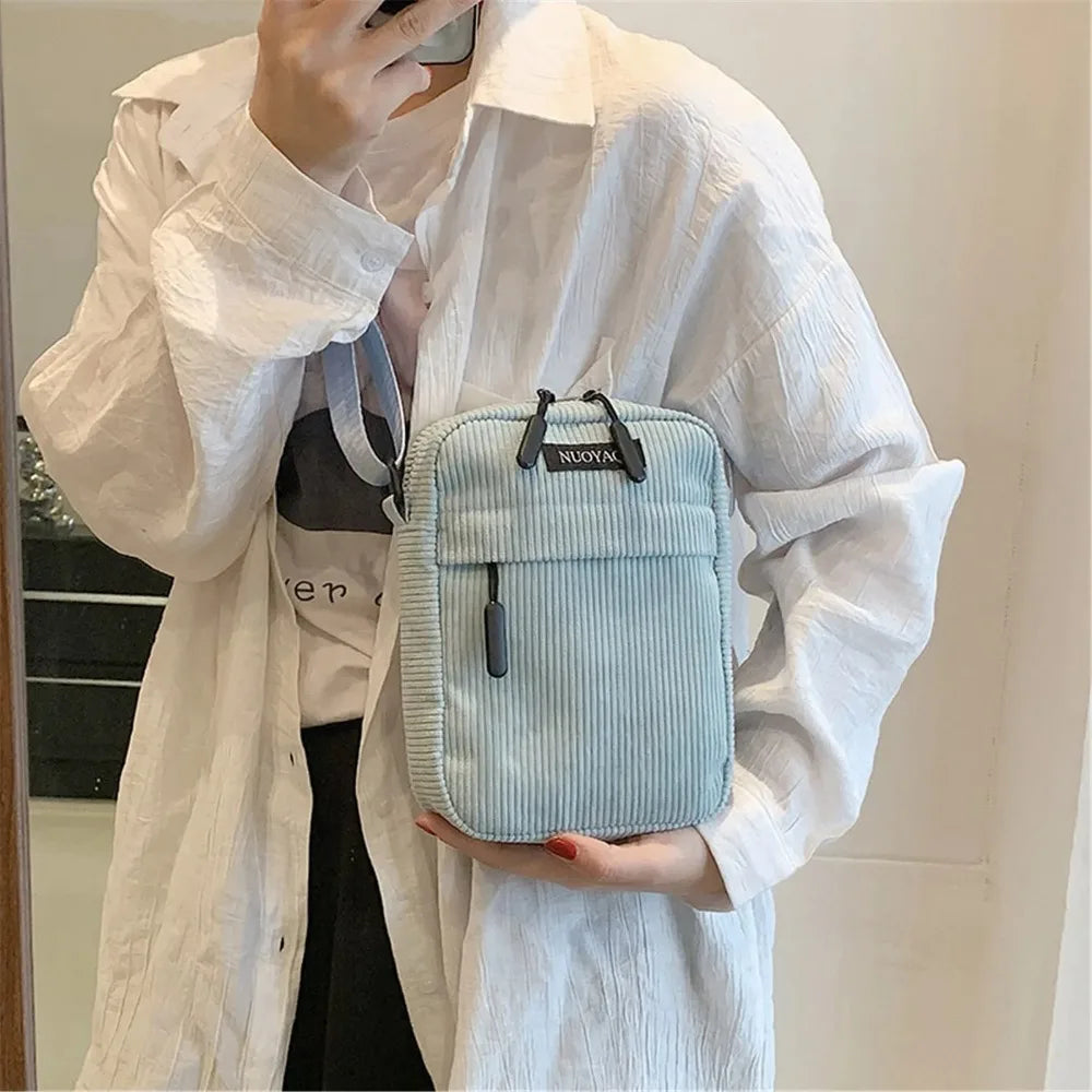 Saashi Women's Corduroy Casual Sports Student Mobile Phone Crossbody Small Shoulder Bag.