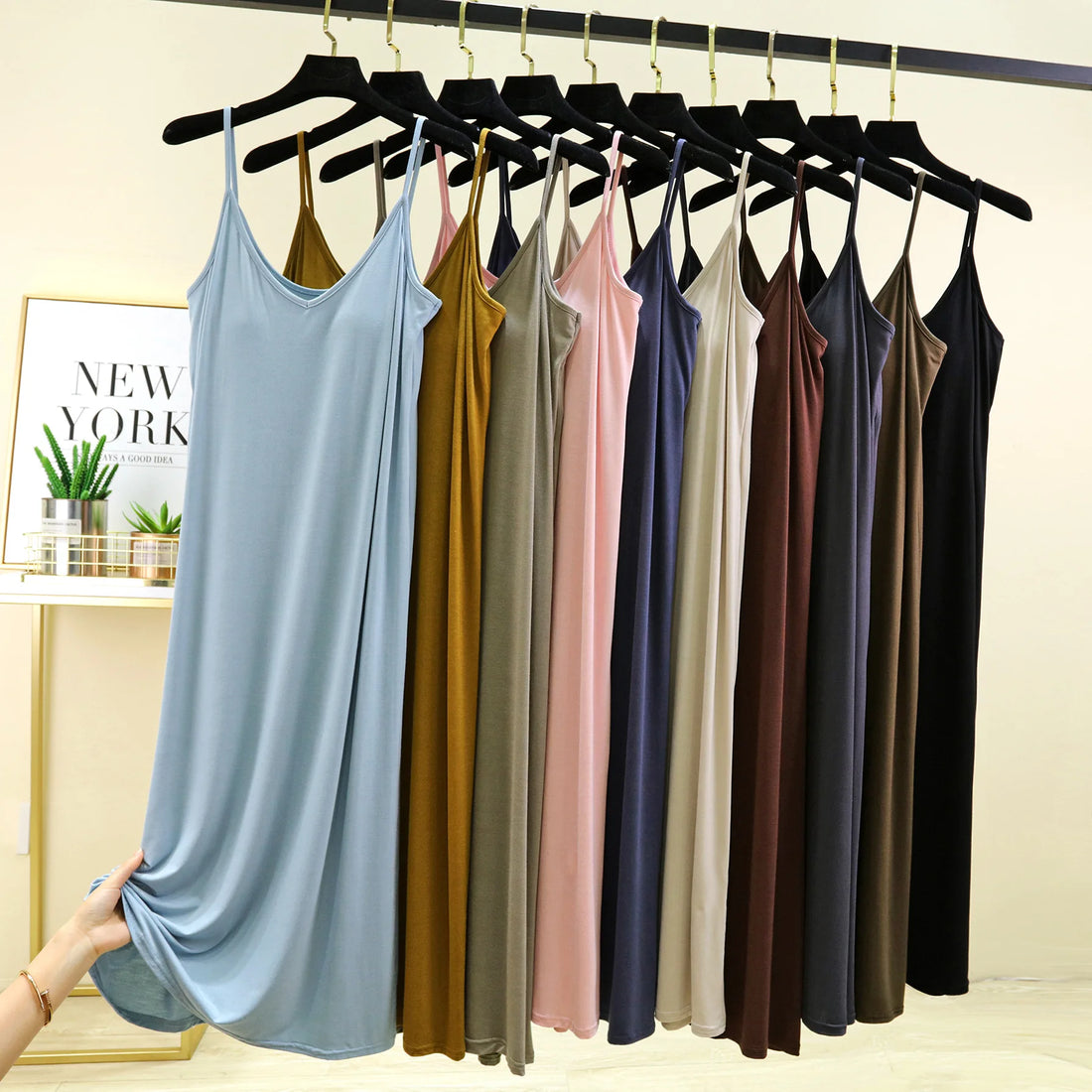 Saashi Spaghetti Strap V-Neck Padded Camisole Slip Sleepwear Dress