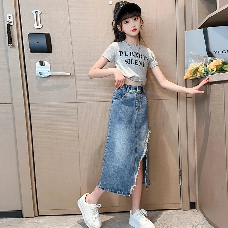 Saashi Girls Korean Denim Split Skirt – Fashionable Long Jean Skirt for Teens