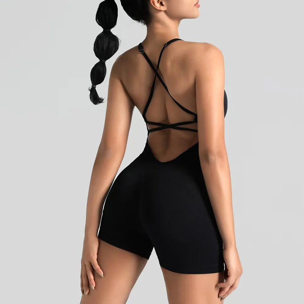 Saashi Women's Sexy Slim Fit Yoga Shorts Jumpsuit Seamless Back Workout Bodysuit.