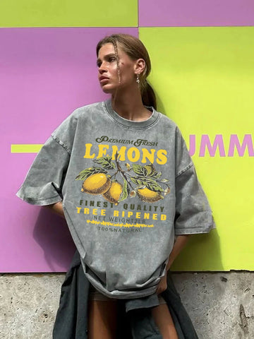 Saashi Premium Fresh Lemons Print Washed Cotton T Shirt Y2K Short Sleeve Loose Hip Hop Top