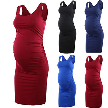 Saashi Short Sleeve Maternity Dress - Casual Solid Color, O Neck