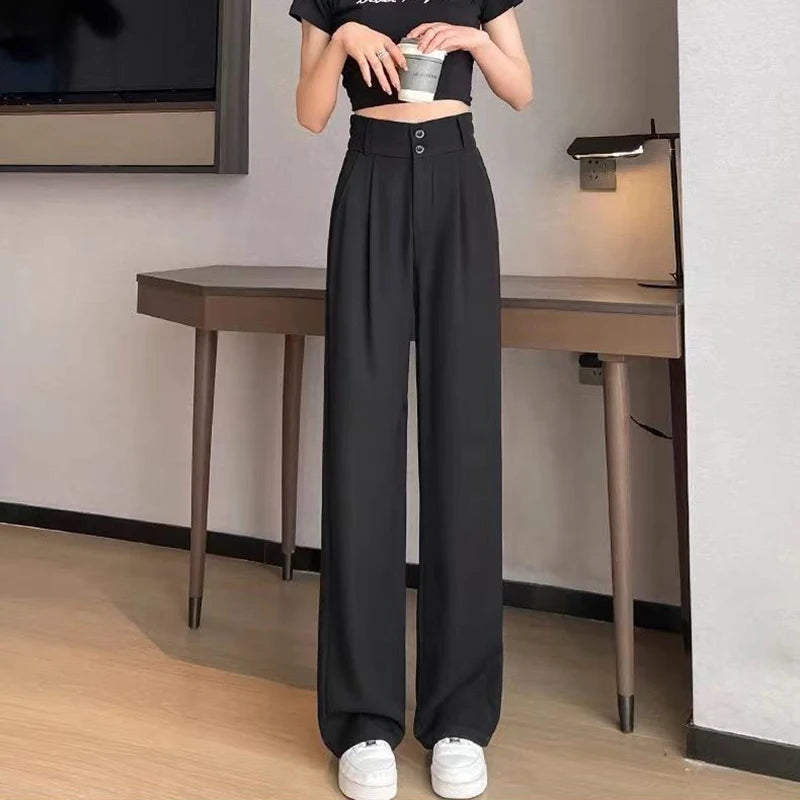 Saashi Women's Lady Baggy High Waist Classic Designer Straight Leg Casual Slacks.