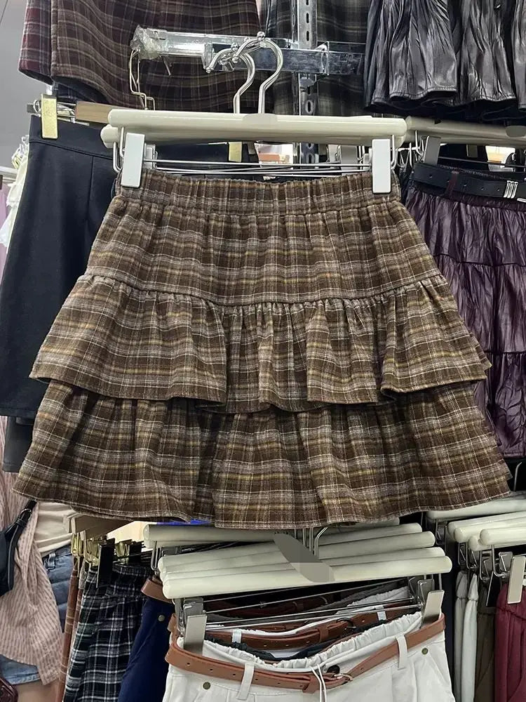Saashi Women's Japanese Y2k Cute Ruffled Plaid Punk Rock Preppy Cake Skirt