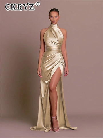Saashi Women's Summer Satin Sleeveless Backless Halter Side Slit Elegant Long Dress.