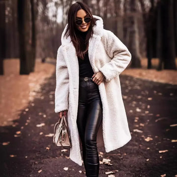 Saashi Woolen Coat Solid Color Long-Sleeved Hooded Casual Overcoat