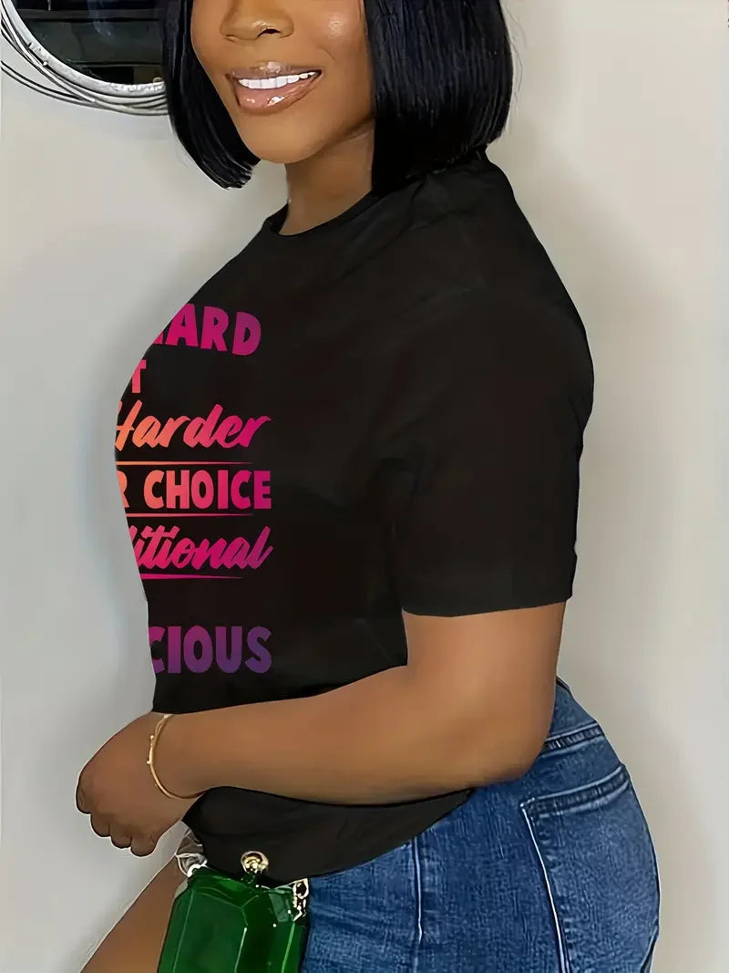 Saashi Plus Size Letter Print T-Shirt for Women Casual Crew Neck Short Sleeve Top
