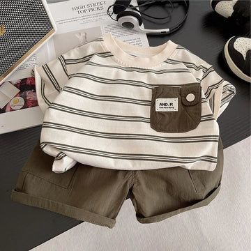 Saashi Boys Striped T-Shirt & Cuffed Shorts Set – Soft Cotton Casual Summer Outfit for Toddlers
