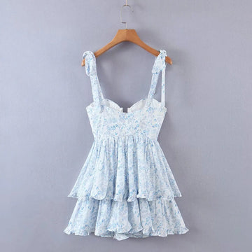 Saashi Floral Ruffle Cake Mini Chiffon Dress with Straps, Holiday Partywear