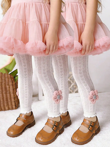 Saashi Girls 3D Flower Mesh Capri Tights – Breathable Anti-Mosquito Leggings for Spring & Summer