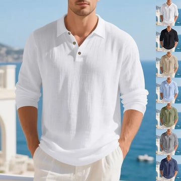 Saashi Men's Spring Autumn Linen Long-sleeved Polo Shirt American Loose Light Top.