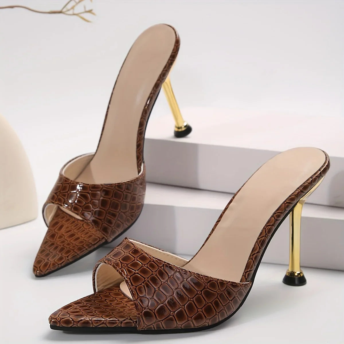 Saashi Crocodile Texture High Heel Stilettos with Pointy Peep Toe for Parties & Events
