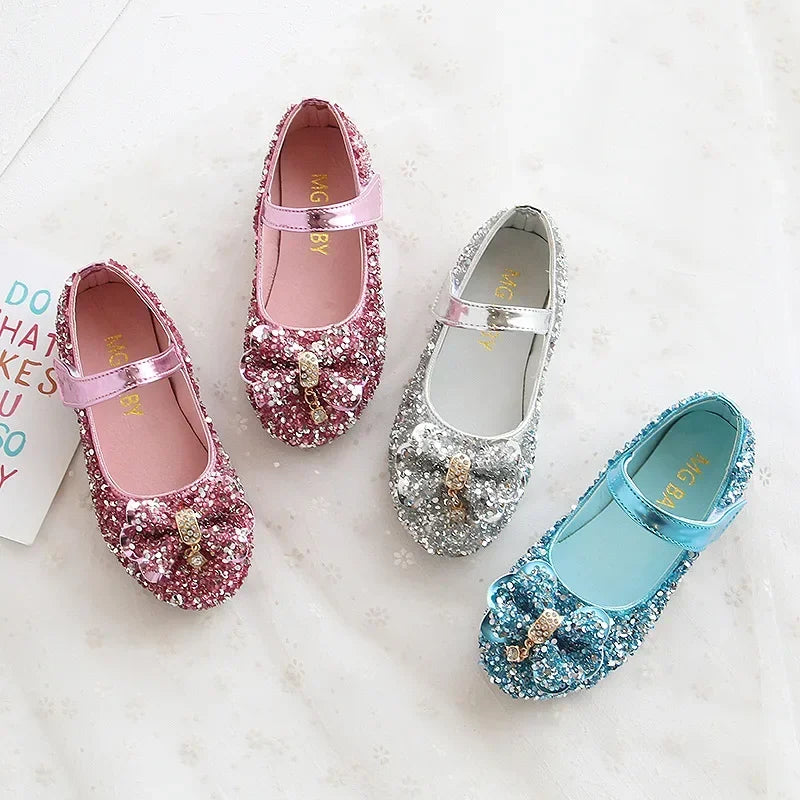 Saashi Girls Sequin Butterfly-Knot Flats – Rhinestone Princess Shoes for School & Parties