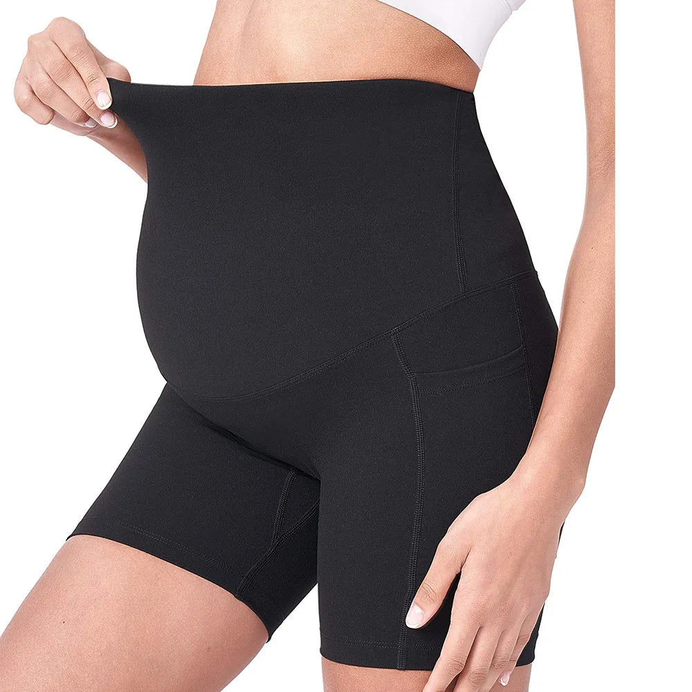 Saashi Women's Maternity Yoga Shorts, Over-the-Belly Workout & Running Shorts with Pockets