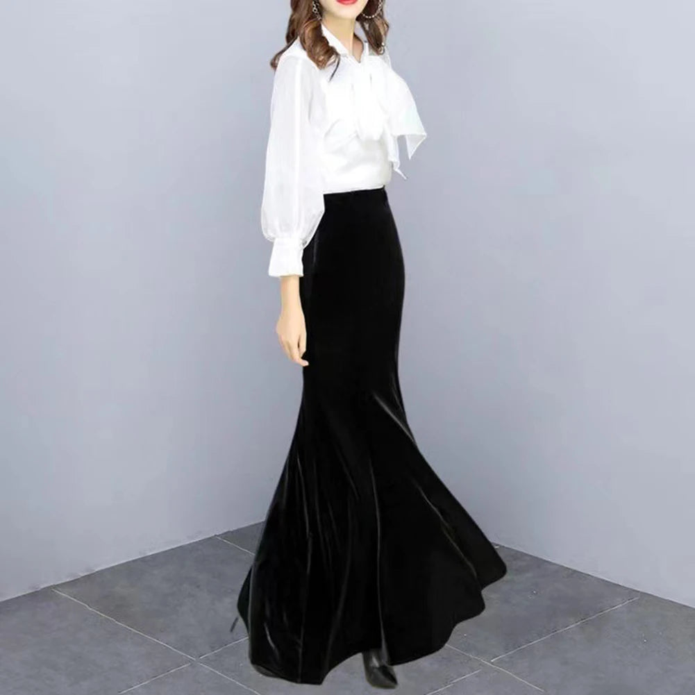 Saashi Women's Velvet Fashion Slim Mermaid Solid Color High Waist Elegant Skirt