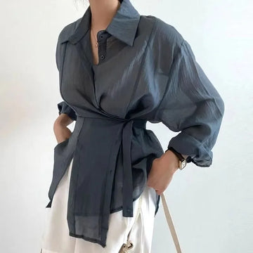 Saashi Women's Elegant Office Lady Long Sleeve Casual Loose Sunscreen Autumn Vintage Blouse