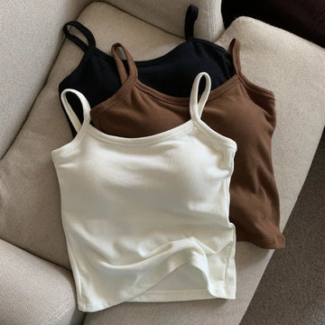 Saashi Womens Solid Color Spaghetti Strap Slim Camisole Sleeveless Crop Vest with Chest Pad