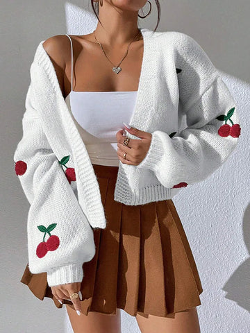 Saashi Women's Fashionable Low Shoulder Cherry Embroidery Pattern Cardigan Loose Knitted Jacket.