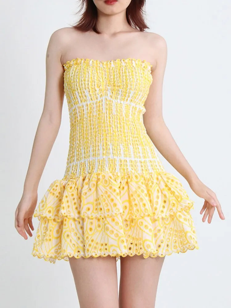 Saashi Strapless Ruched Hollow Out Dress, Off Shoulder Embroidery Bodycon Fashion