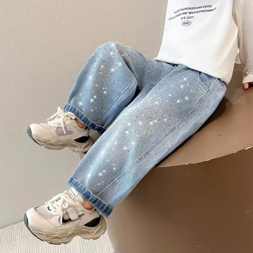 Saashi Girls Loose-Fit Embellished Denim Jeans – Trendy Casual Shiny Pants for Kids