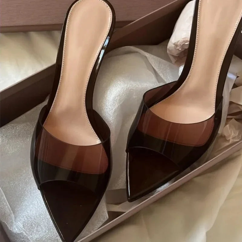 Saashi Transparent High Heeled Slippers for Women Fashion Slim Heeled Pointed Open Toe Flip Flops